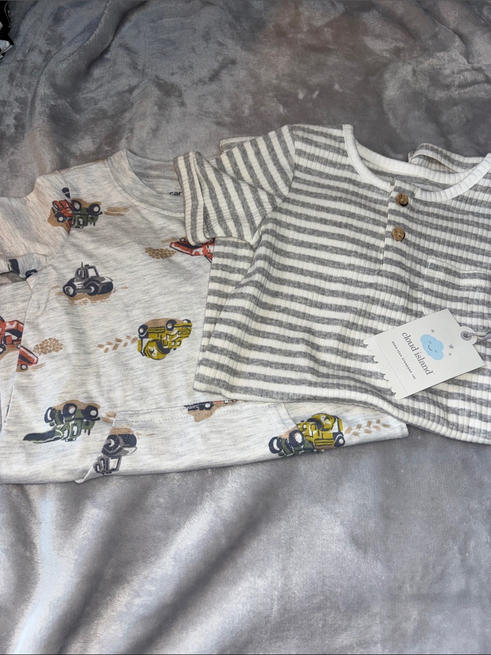 cloud island Gray Striped Henley and Car-Print Romper Set